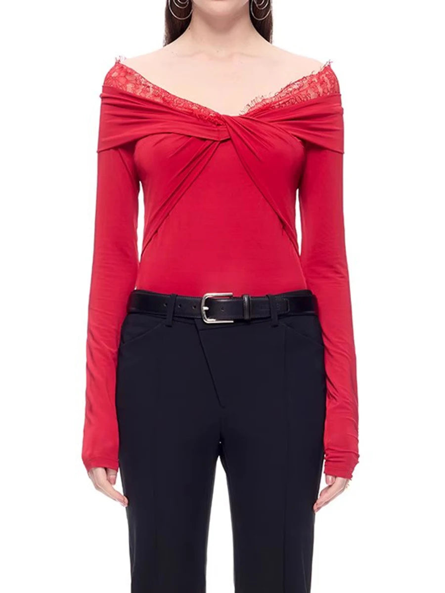 Solid Spliced Lace Up Slimming T Shirts For Women Slash Neck Long Sleeve Minimalist T Shirt Female Fashion Style