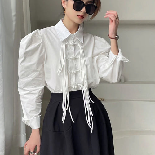 Load image into Gallery viewer, White Patchwork Tassels Shirt For Women Lapel Long Sleeve Solid Minimalist Button Through Blouse Female Clothes
