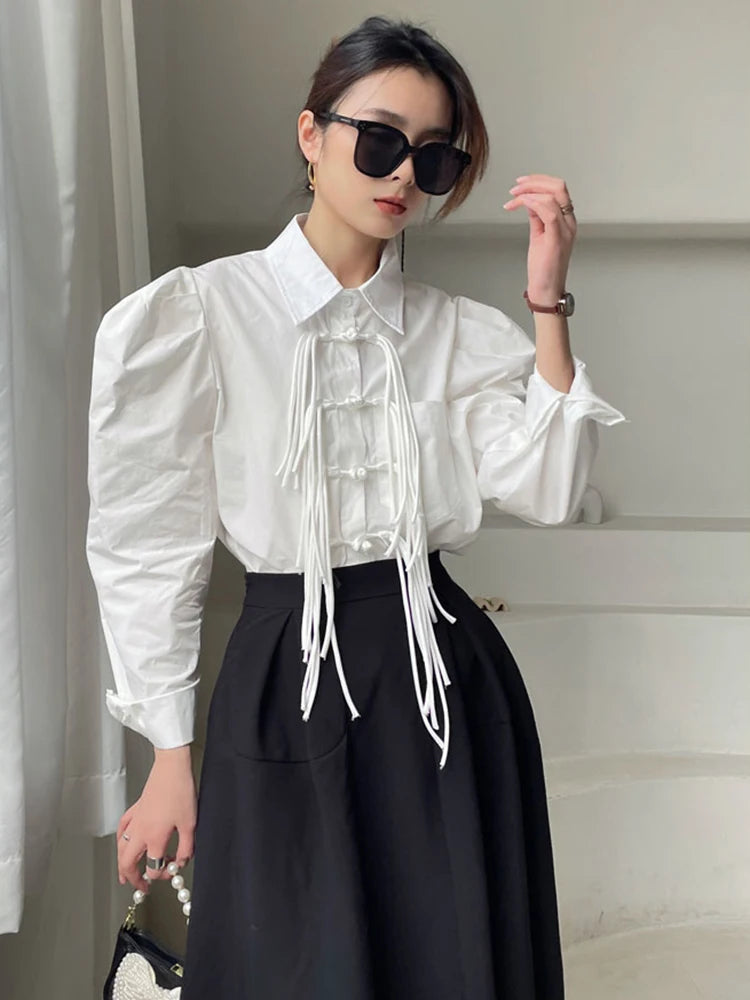 White Patchwork Tassels Shirt For Women Lapel Long Sleeve Solid Minimalist Button Through Blouse Female Clothes