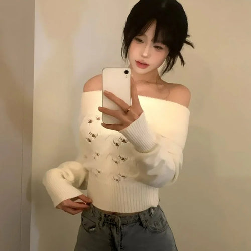 Load image into Gallery viewer, Y2k Aesthetic Solid Sexy Off Shoulder Pullover Women Vintage Harajuku Hole Knitted Jumper Fairy Grunge Slim Fit Crop Sweater

