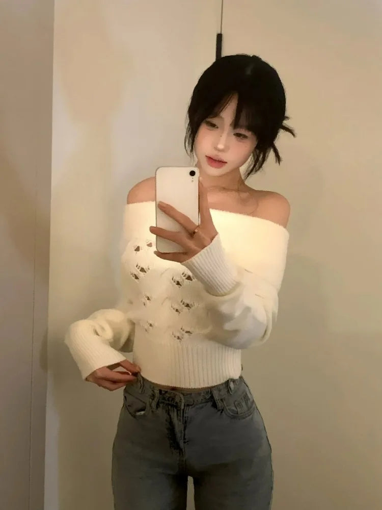 Y2k Aesthetic Solid Sexy Off Shoulder Pullover Women Vintage Harajuku Hole Knitted Jumper Fairy Grunge Slim Fit Crop Sweater