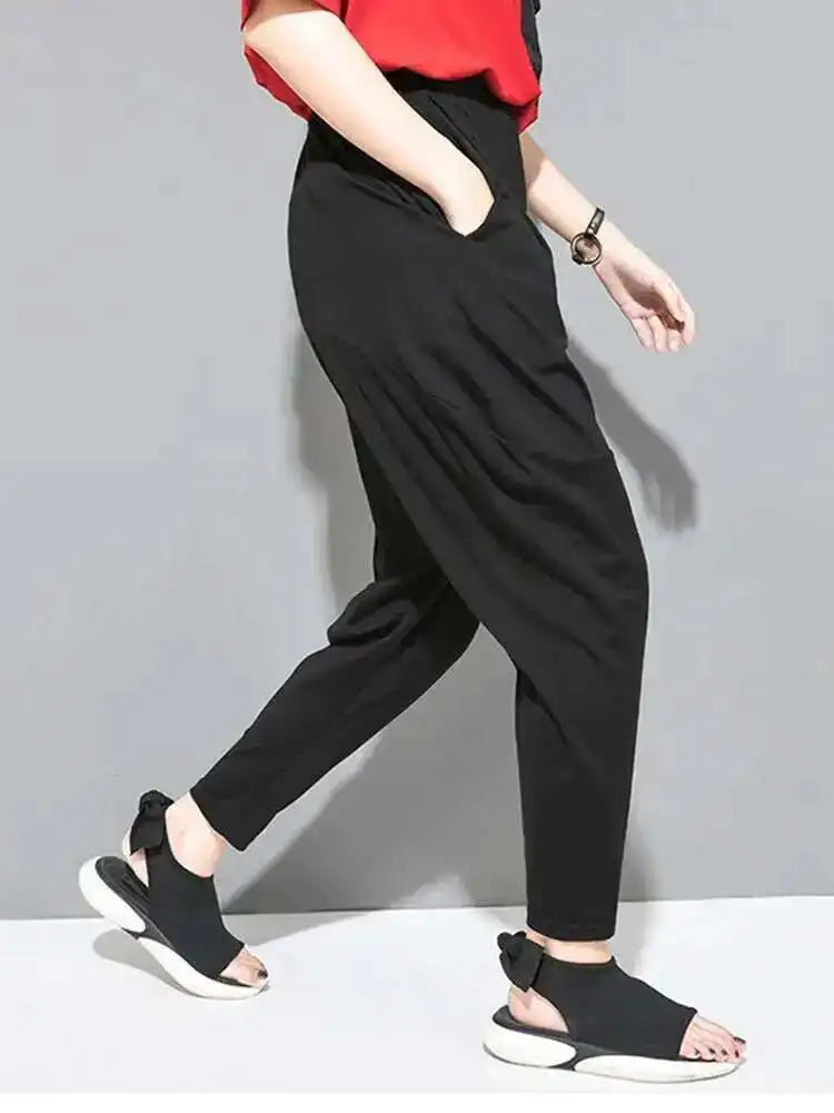 Spring Autumn High Elastic Waist Black Leisure Pocket Stitch Loose Harem Pants Women Trousers Fashion Tide JW997