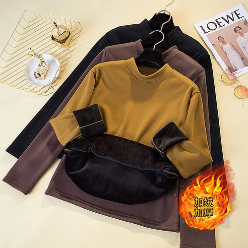 Load image into Gallery viewer, Korean Version New Black Brown Velvet Cotton Round Neck T Shirt Autumn Winter Women Yellow Slim Long Sleeve Plus Size Tops Thick
