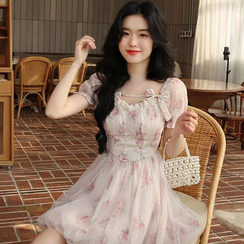 Load image into Gallery viewer, Korean Fashion Casual Sweet Short Party Dress Summer Simple Lolita Pink Y2k Mini Dress Woman Beach Short Sleeve Floral Dress
