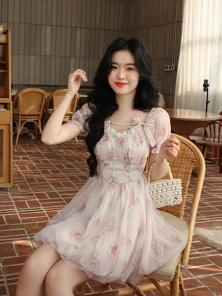 Korean Fashion Casual Sweet Short Party Dress Summer Simple Lolita Pink Y2k Mini Dress Woman Beach Short Sleeve Floral Dress