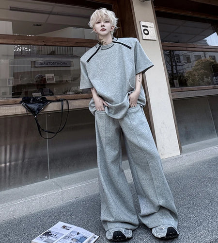 Men's Pants Set New Summer Contrast Colors Rivet Zipper Design Short Sleeved Sweatshirt Casual Straight Leg Pants 9W1798