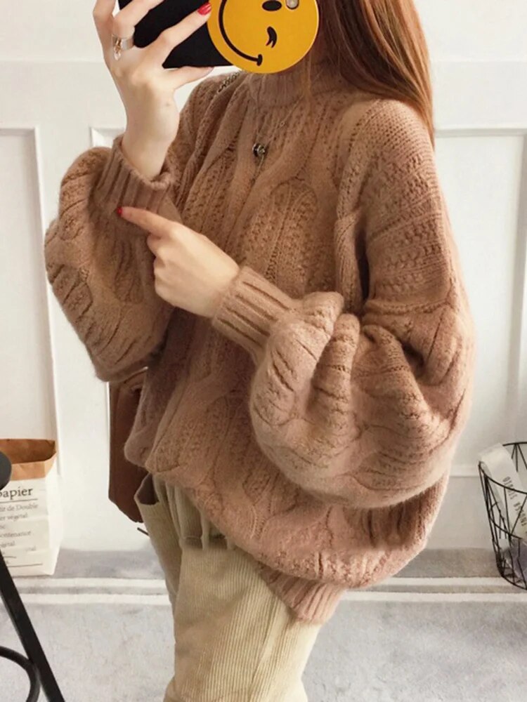 Solid Pullover Knitting Sweaters For Women Round Neck Lantern Sleeve Loose Minimalist Sweater For Women Fashion