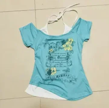 Load image into Gallery viewer, Summer Fake Two Pieces Halter Bandage Vintage T-shirts Y2k Aesthetic Slim Crop Tops Women Grunge Print Harajuku Casual Sexy Tee
