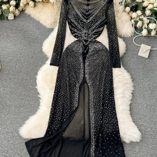 Load image into Gallery viewer, Autumn Black Sexy Club Diamond Long Sleeve Back Zipper Bodycon Split Long Dress Women Vintage Elegant Festival Party Gowns Dress
