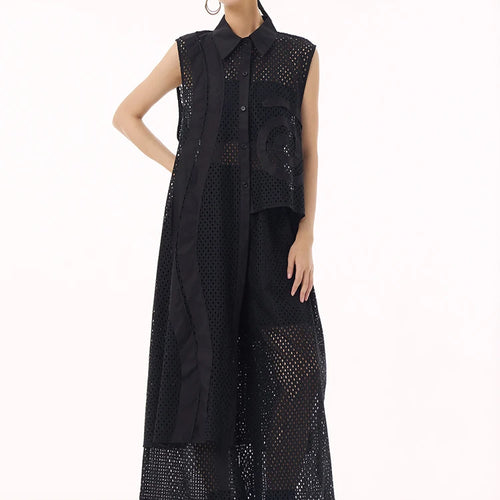 Load image into Gallery viewer, Women White Hollow Out Big Size Long Elegant Shirt Dress New Lapel Sleeveless Fashion Tide Spring Autumn 2025 1DH9424
