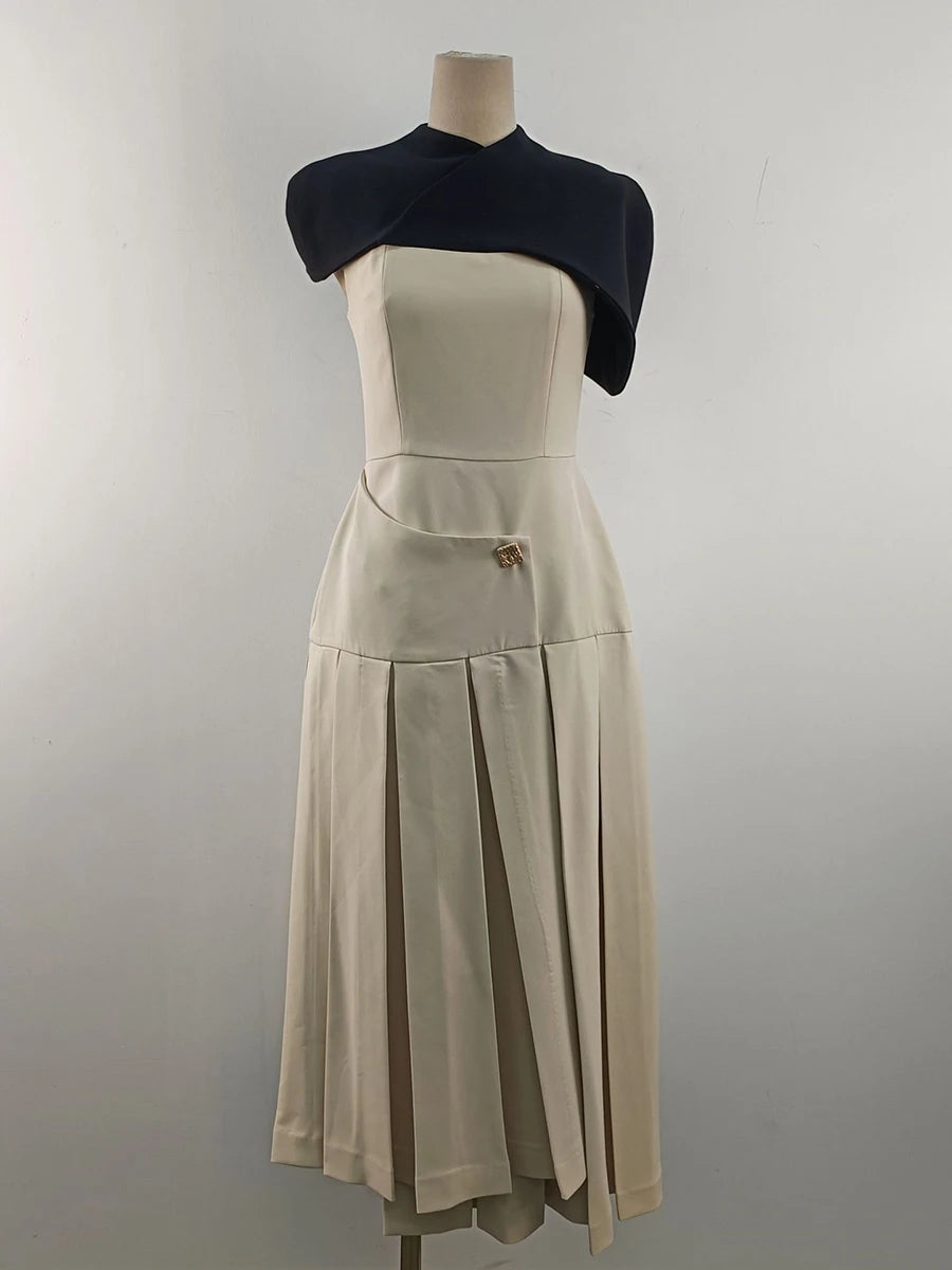 Hit Color Elegant Removable Dress For Women Square Collar Sleeveless High Waist Slimming Dress Female Fashion New