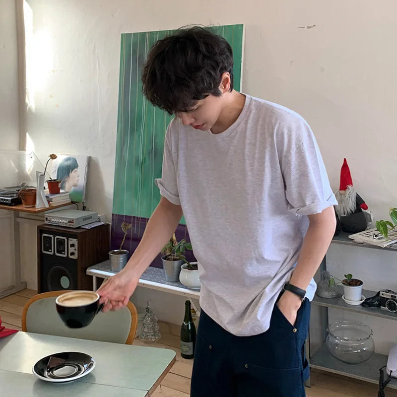 Men's Short SleeveT-shirts New Summer Loose Solid Color Korean Round Neck Style Pullover Casual Trendy Male Top 9W1611