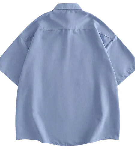 Harajuku Men Shirts Funny Embroidery Flower White Duck Goose Patch Short Sleeve Blouse Summer Loose Button Up Shirt Streetwear