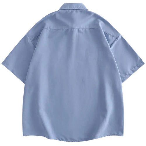 Harajuku Men Shirts Funny Embroidery Flower White Duck Goose Patch Short Sleeve Blouse Summer Loose Button Up Shirt Streetwear