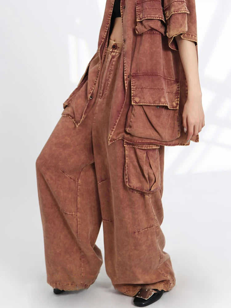 Vintage Loose Patchwork Pockets Cargo Jeans For Women High Waist Spliced Button Wide Leg Denim Pants Female