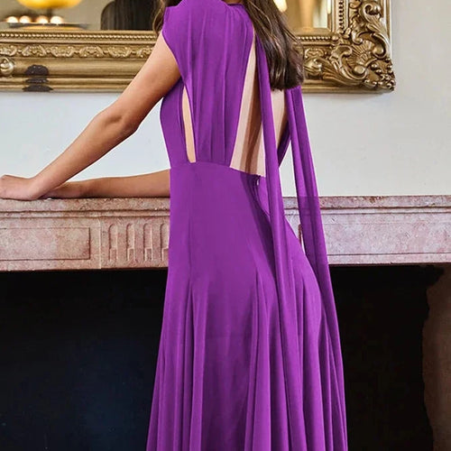 Load image into Gallery viewer, Deep V-neck Sleeveless Backless Split Long Dresses Purple Chiffon Flowy Party Wear Dresses for Women Clothing C92-GZ47
