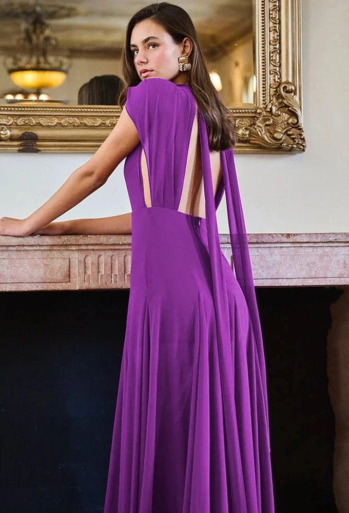 Deep V-neck Sleeveless Backless Split Long Dresses Purple Chiffon Flowy Party Wear Dresses for Women Clothing C92-GZ47