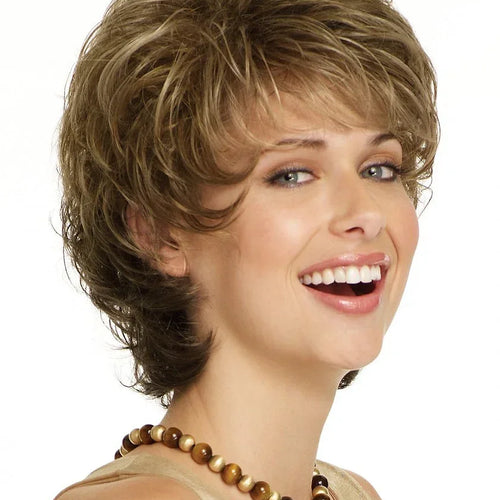 Load image into Gallery viewer, Synthetic Short Wigs for White Women Sandy Blonde Wig with Bangs Mix Brown Color Natural Curly Wig Hair Ombre Elderly Wig Mommy
