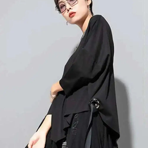 Load image into Gallery viewer, Women Black Ribbon Big Size T-shirt New Round Neck Three-quarter Batwing Sleeve Fashion Tide Spring Autumn 2025  1DF8422
