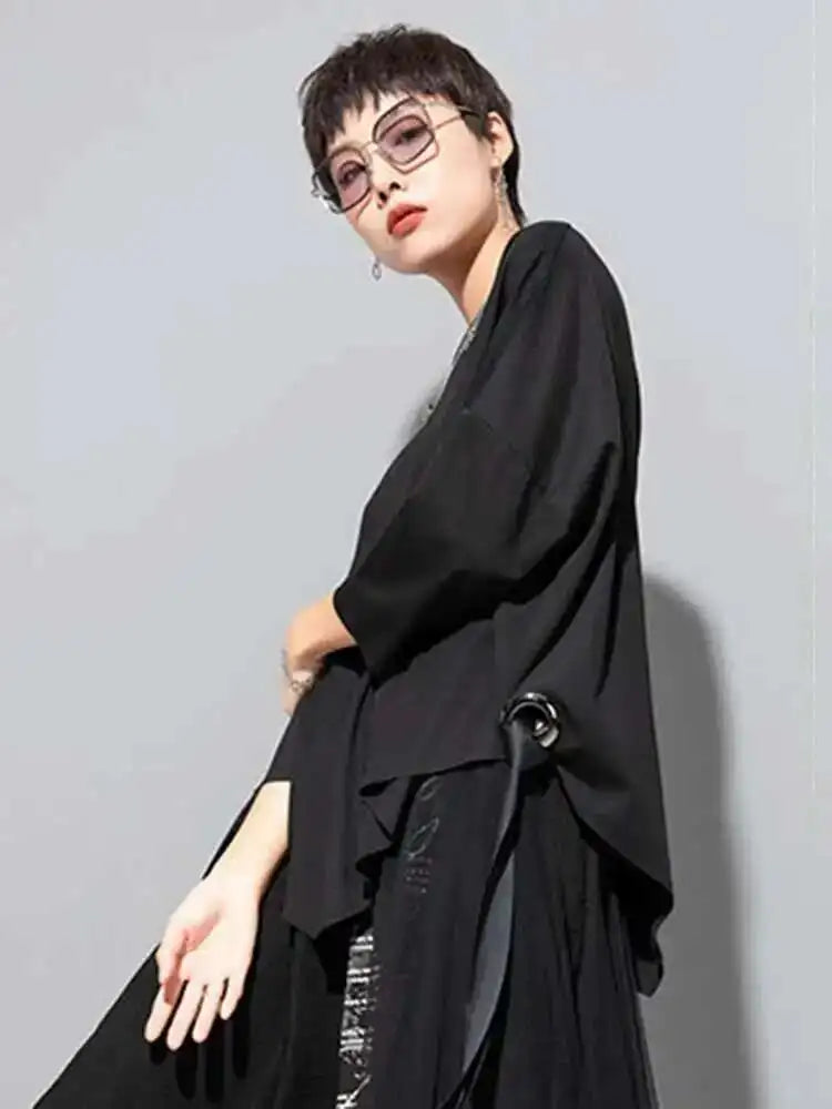 Women Black Ribbon Big Size T-shirt New Round Neck Three-quarter Batwing Sleeve Fashion Tide Spring Autumn 2025  1DF8422