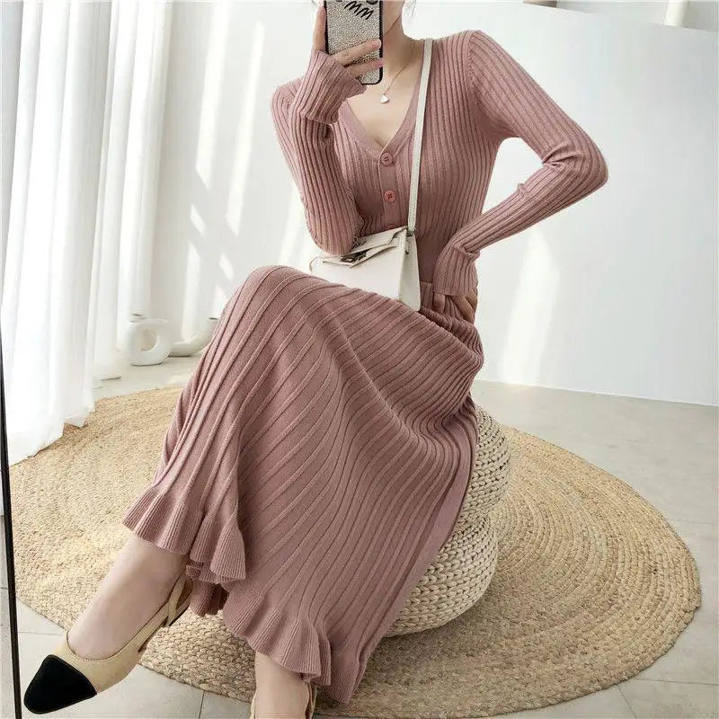 Elegant Knitted Long Dress Women Flare Sleelve V Neck Ruffles Single Breasted Bodycon Dresses Party Fashion Office Lady Vestidos