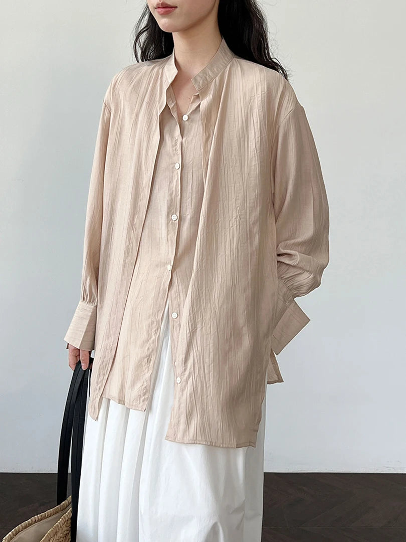 Women Apricot Irregular Cross Big Size Blouse New Stand Collar Long Sleeve Shirt Fashion Tide Spring Autumn 2025 1DJ1690