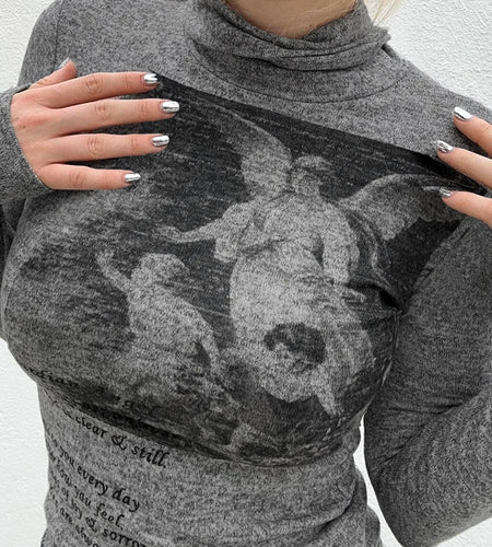 Harajuku Fitness Long Sleeve Turtleneck Tee Pullover Print Graphic T shirts Female Casual Basic Autumn Top y2k Sweats