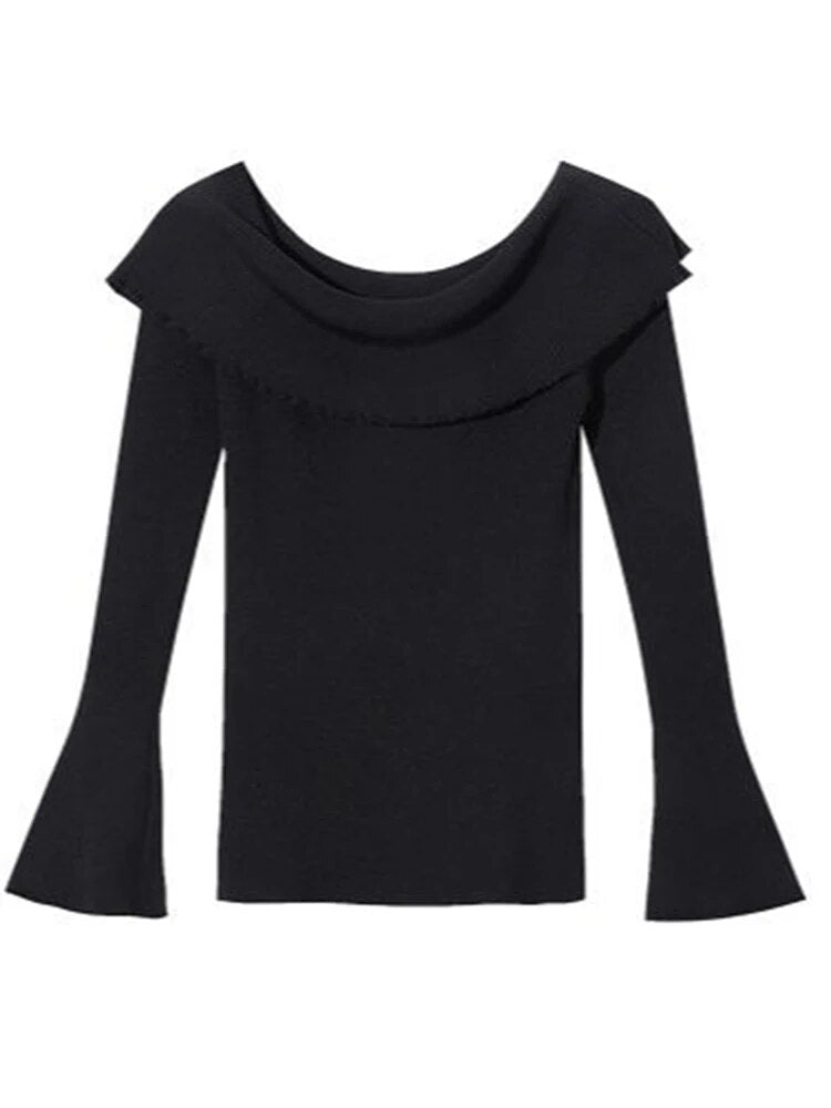 Solid Designer Knitting Sweaters For Women Slash Neck Flare Sleeves Cold Shoulder Sweater Female Fashion Clothing