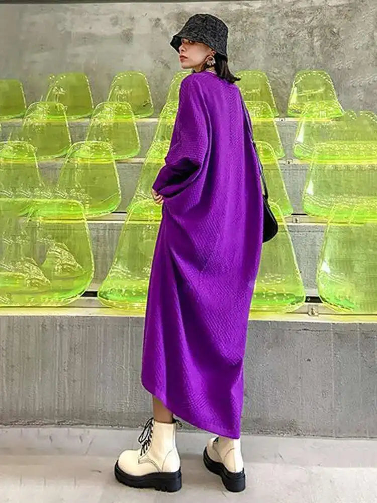 Women Purple Knitting Big Size Casual Long Sweater Dress New V-Neck Long Sleeve Fashion Tide Spring Autumn 2025 1DH7780
