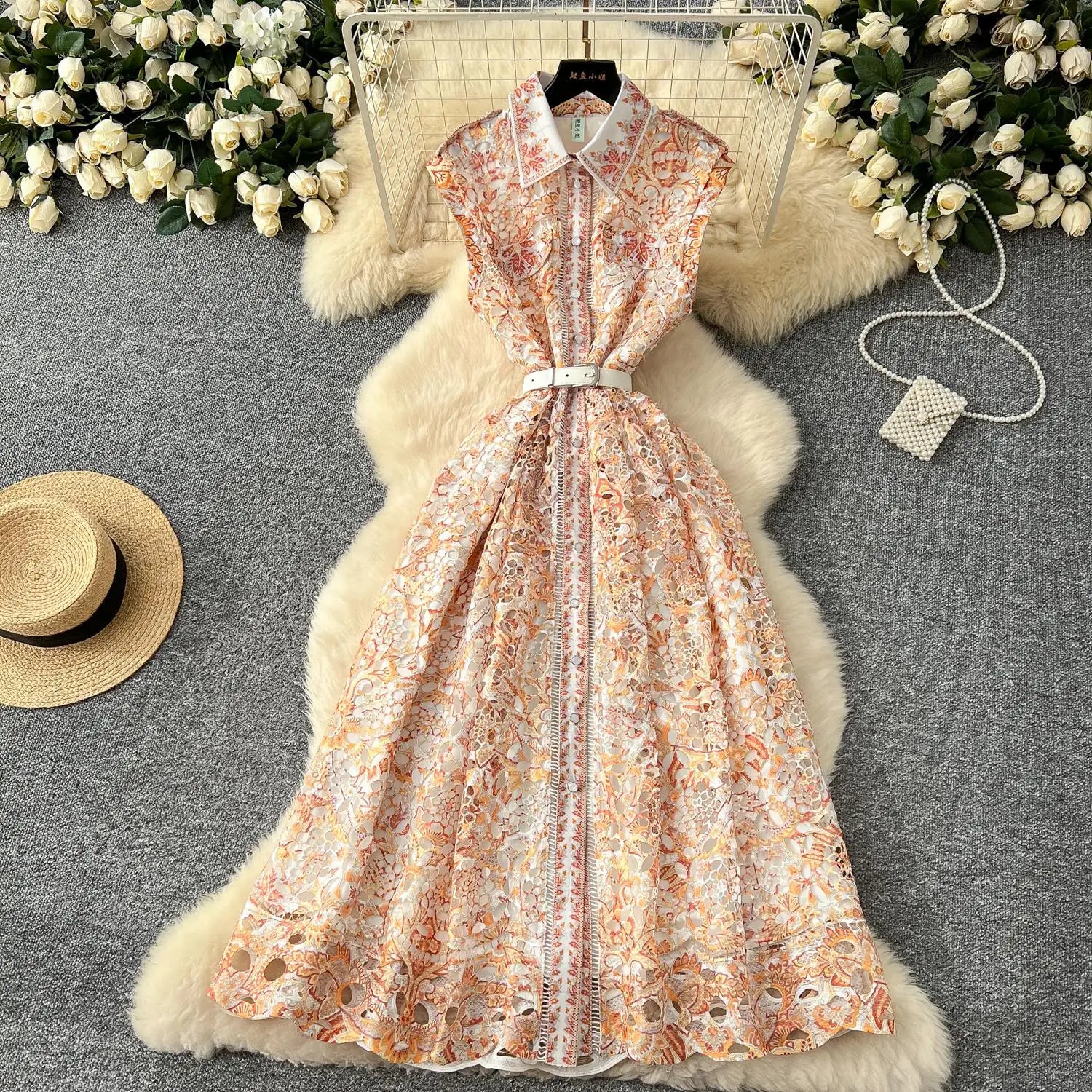 French Women's Orange Blue Crochet Flower Elegant Sleeveless Hollow Out Long Dress Summer Sexy Slim Single Breasted Party Dress
