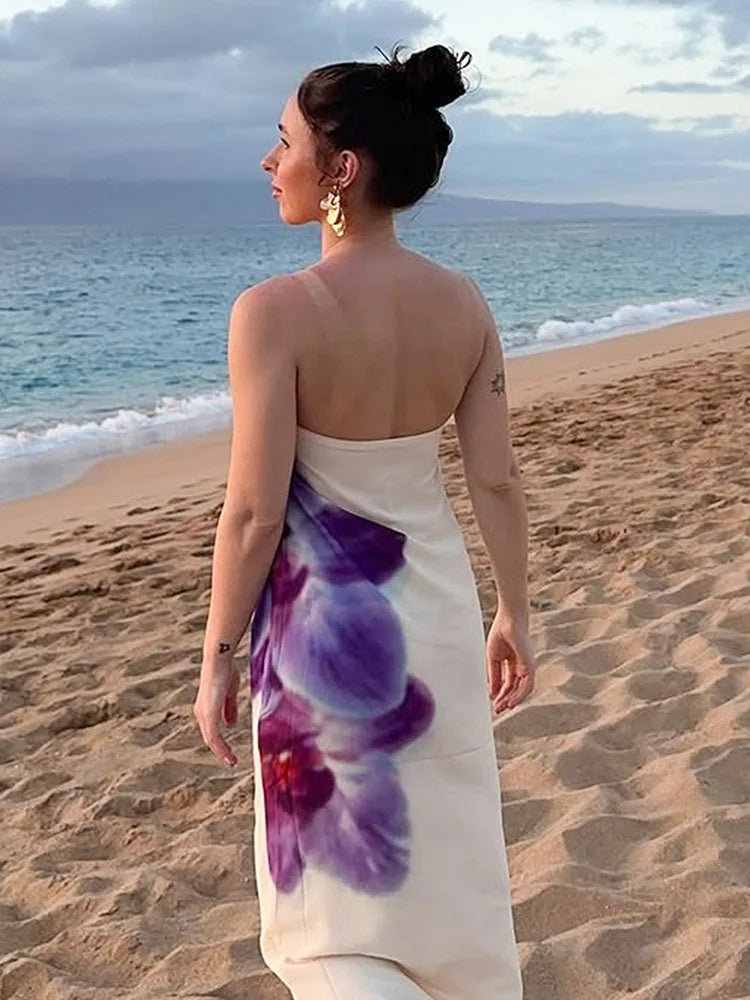 Floral Print Strapless Sexy Maxi Dress For Women Gown Off-shoulder Backless Sleeveless Elegant Long Dress Fashion