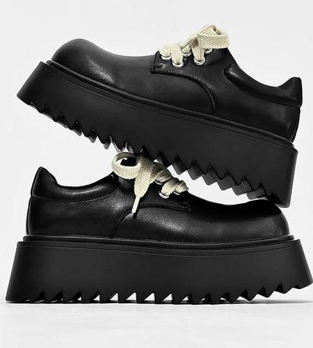 Men PU Leather Shoes Lace-up Casual Solid Color Male Shoe Thickened Heels All-match 2025 Spring New Stylish 9C9200