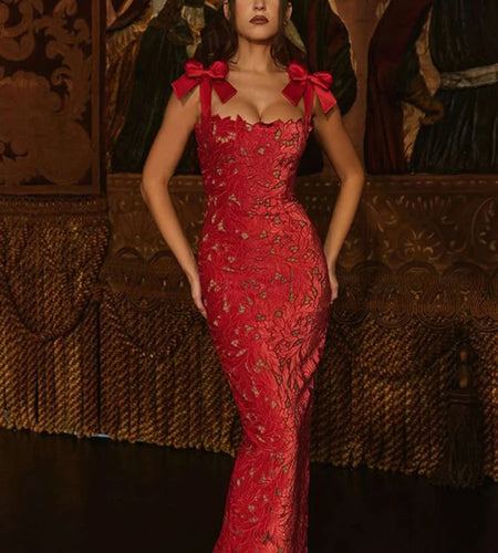 Bows Lace Sexy Maxi Dress For Women Fashion Sleeveless Backless Bodycon New Year's Birthday Club Party Long Dress