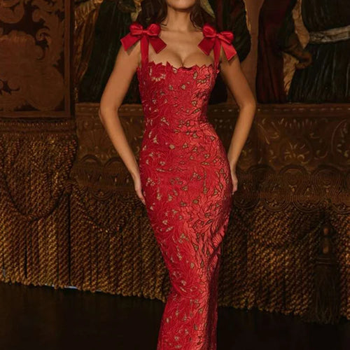 Load image into Gallery viewer, Bows Lace Sexy Maxi Dress For Women Fashion Sleeveless Backless Bodycon New Year's Birthday Club Party Long Dress
