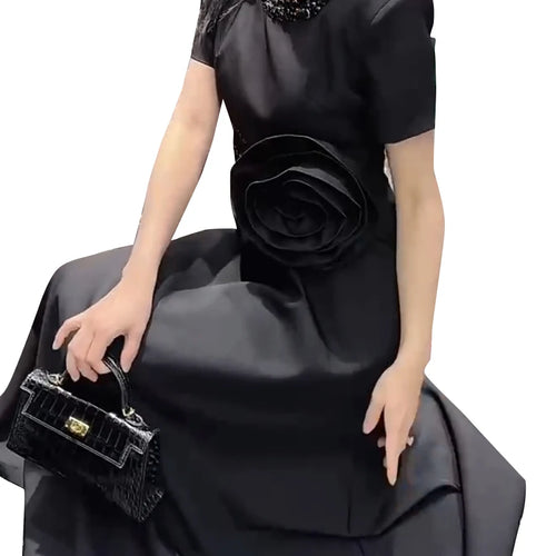 Load image into Gallery viewer, Solid Spliced Appliques Slimming Dreeses For Women O Neck Short Sleeve High Waist Temperament Dress Female Fashion
