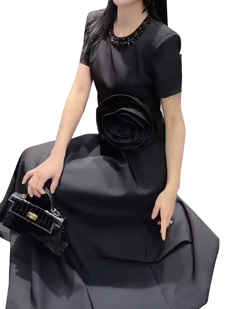 Solid Spliced Appliques Slimming Dreeses For Women O Neck Short Sleeve High Waist Temperament Dress Female Fashion