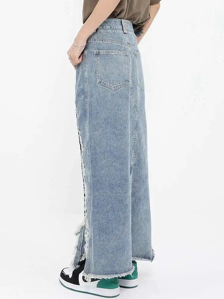 High Waist Blue Denim Holes Irregular Burr Long Casual Half-body Skirt Women Fashion Tide New Spring Autumn 2025 1DF6983