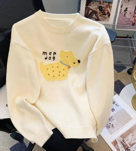 Sweet Beige Pink Puppy Embroidered Casual Sweaters Women Gray Round Neck Warm Long Sleeves Knit Pullover Tops Autumn Winter Chic