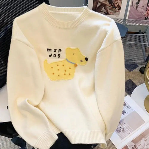 Load image into Gallery viewer, Sweet Beige Pink Puppy Embroidered Casual Sweaters Women Gray Round Neck Warm Long Sleeves Knit Pullover Tops Autumn Winter Chic
