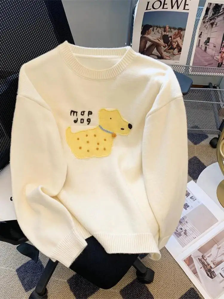 Sweet Beige Pink Puppy Embroidered Casual Sweaters Women Gray Round Neck Warm Long Sleeves Knit Pullover Tops Autumn Winter Chic