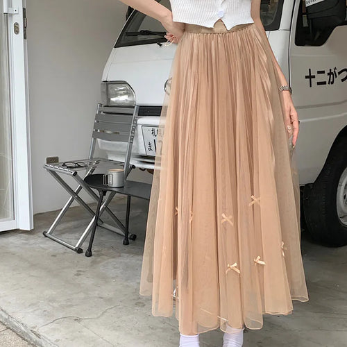 Load image into Gallery viewer, Women Solid Sweet Long Skirt 2023 New Korean Fashion Bow Elegant A Line Elastic High Waist Party Pleated Mesh Skirt Female Retro
