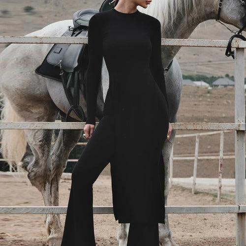 Load image into Gallery viewer, Winter Fashion 2 Pcs Sets Long Sleeve Sexy Slit Maxi Dress Flare Pants Women Y2K Outfits Streetwear Festival Party
