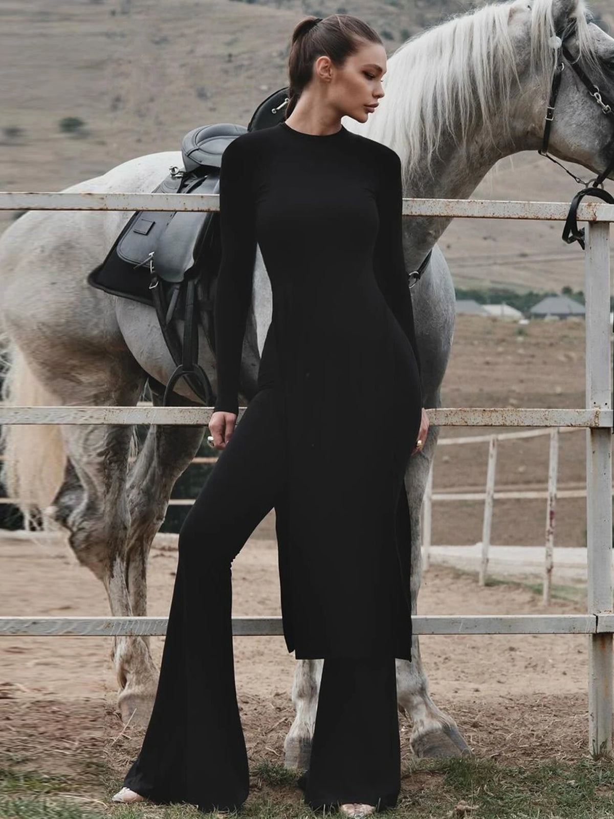 Winter Fashion 2 Pcs Sets Long Sleeve Sexy Slit Maxi Dress Flare Pants Women Y2K Outfits Streetwear Festival Party