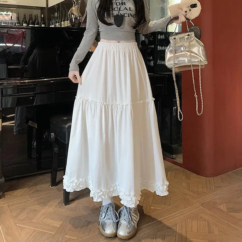 Spring Summer French Vintage Fashion Black Elegant Sexy Ruffle Edge Pleated Long Skirt Women White High Waist Slim Skirts 2025