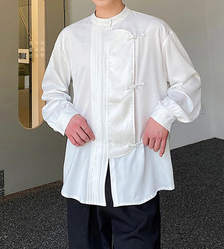 Men's Shirts Long Sleeve New Chinese Style Personalized Stand Collar  Button Design Solid Color Handsome Male Top 9W1789