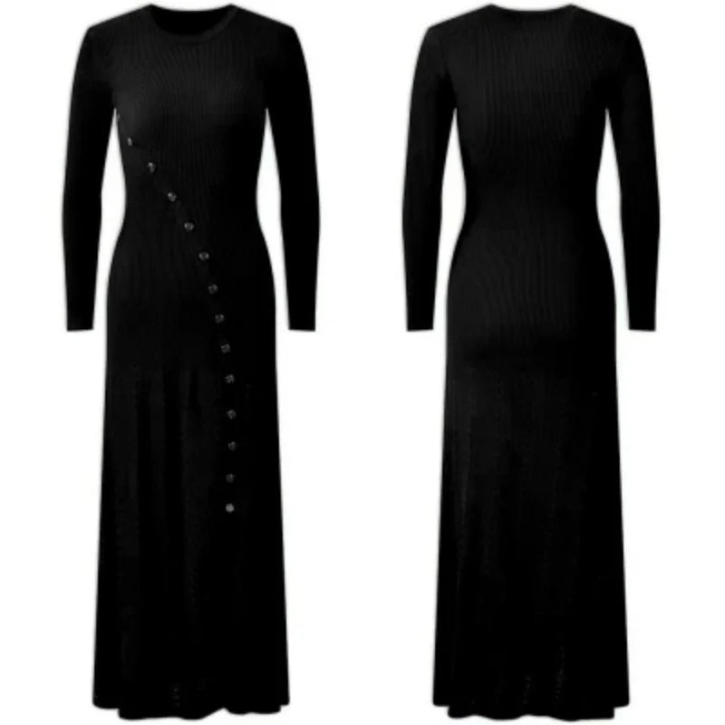 Korean Autumn Winter Black Beige Elegant Single Breasted Dress Women Red Long Sleeves 2024 Knitted Split Dress Popular Trend New
