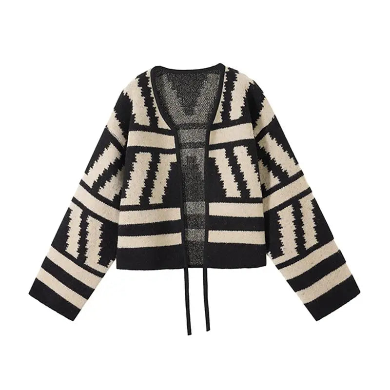 Vintage Women Black Brown Patchwork Short Knitted Lace-up Cardigan Loose Sweater 2024 Autumn Winter V Neck Long Sleeve Tops Chic