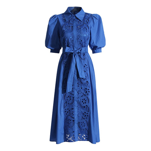 Load image into Gallery viewer, Spliced Lace Up Dresses For Women Lapel Short Sleeve High Waist Embroidery A Line Dress Female Fashion Clothing
