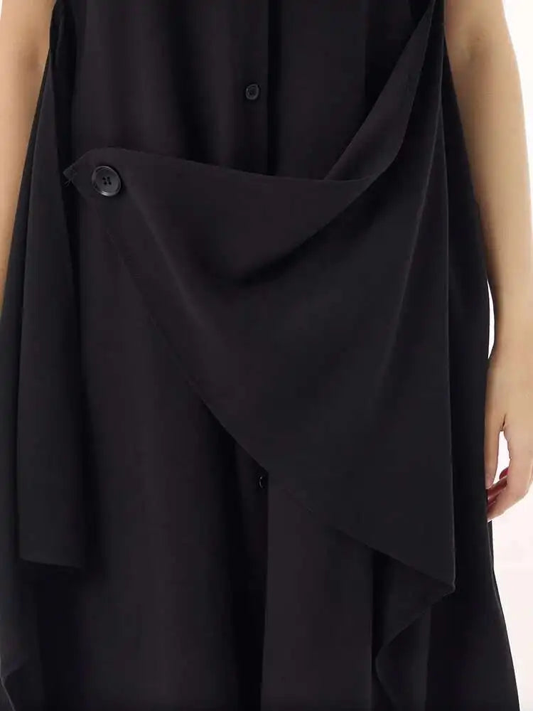 Women Khaki Irregular Spliced Big Size Midi Shirt Dress New Lapel Sleeveless Fashion Tide Spring Summer 2025 1DH9434