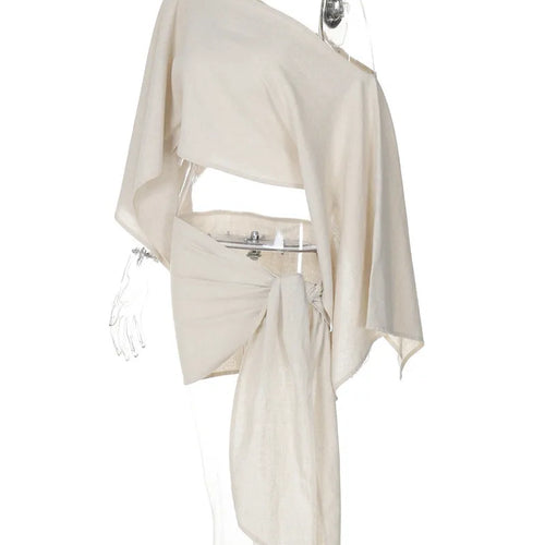 Load image into Gallery viewer, Sexy Skirt Two Piece Sets Women Skew Collar Cape Sleeve Crop Tops And Hot Skirt Matching Sets Sexy Beach Two Piece Set
